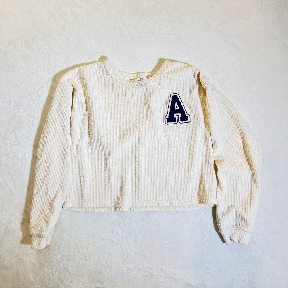 Varsity Letter A Cropped Waffle Knit Sweater Cream